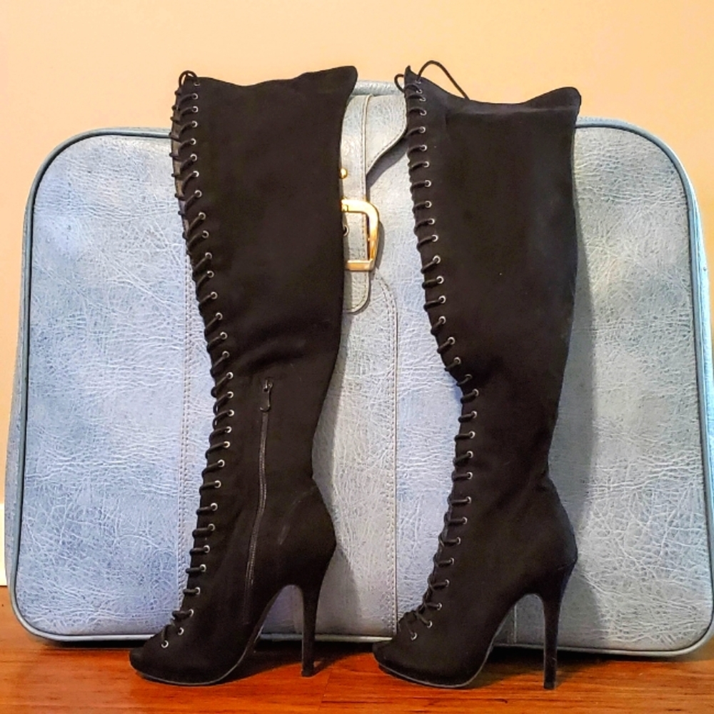 Thigh high peep toe lace up stiletto boots